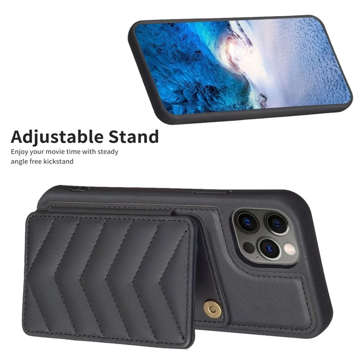 BF26 For iPhone 12 Pro Max Slim-Fit Wave Texture Phone Case Card Holder Kickstand TPU+PU Leather Phone Shell - Black