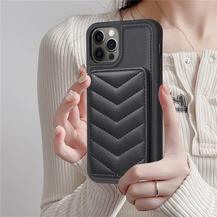 BF26 For iPhone 12 Pro Max Slim-Fit Wave Texture Phone Case Card Holder Kickstand TPU+PU Leather Phone Shell - Black