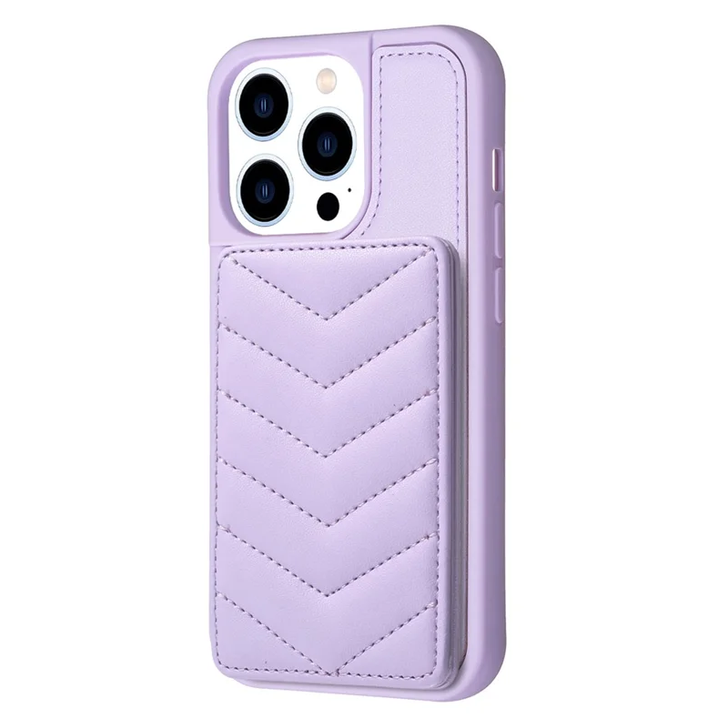 BF26 For iPhone 13 Pro Kickstand Wave Stitching Texture Phone Case Card Holder TPU+PU Leather Phone Cover - Purple