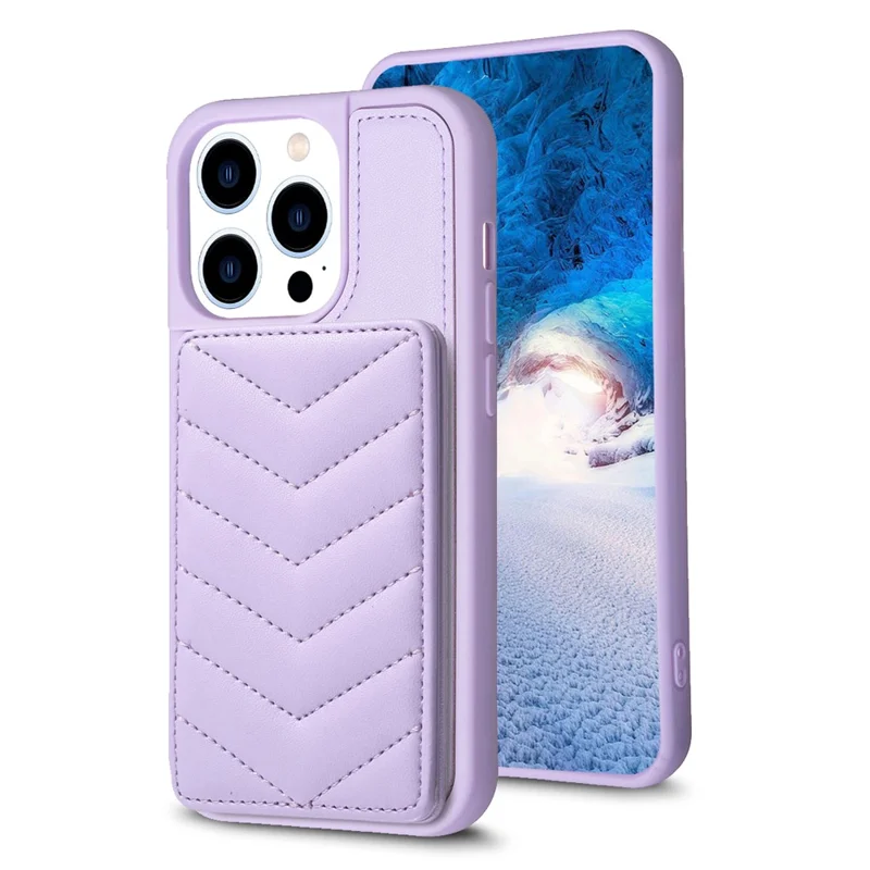 BF26 For iPhone 13 Pro Kickstand Wave Stitching Texture Phone Case Card Holder TPU+PU Leather Phone Cover - Purple