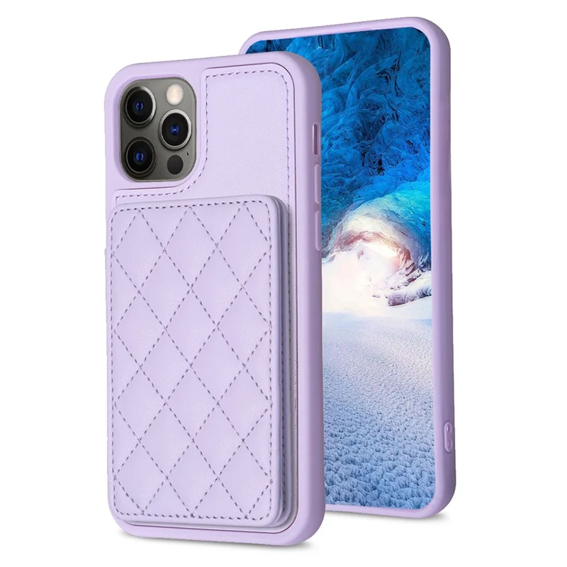 BF25 For iPhone 12 / 12 Pro Kickstand Phone Case Leather Coated TPU Cover with Card Slots Design - Purple