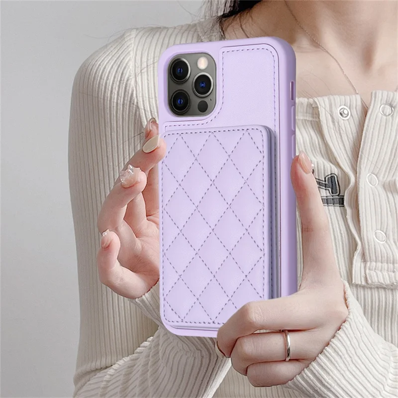 BF25 For iPhone 12 / 12 Pro Kickstand Phone Case Leather Coated TPU Cover with Card Slots Design - Purple