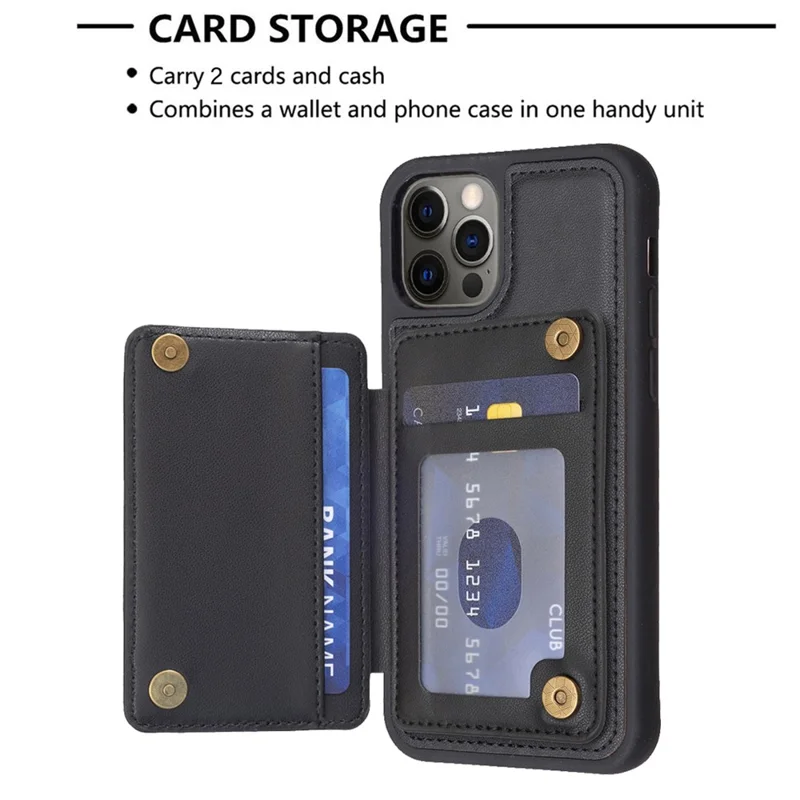 BF25 Para iPhone 12 / 12 Pro Kickstand Phone Case Capa de Couro Revestida de TPU com Porta-Cartões - Preto