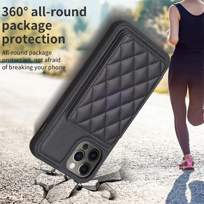 BF25 Para iPhone 12 / 12 Pro Kickstand Phone Case Capa de Couro Revestida de TPU com Porta-Cartões - Preto