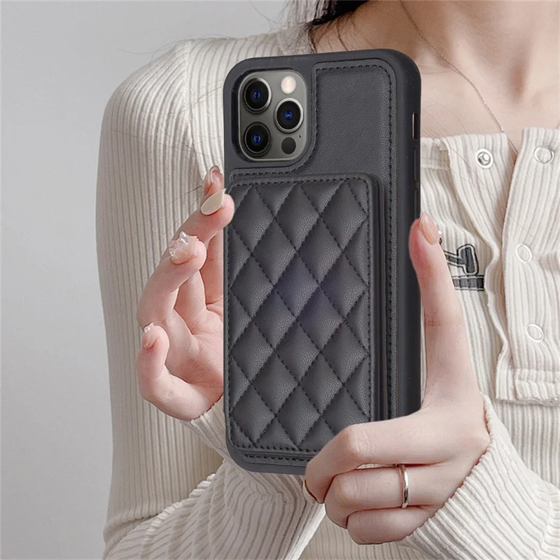 BF25 Para iPhone 12 / 12 Pro Kickstand Phone Case Capa de Couro Revestida de TPU com Porta-Cartões - Preto