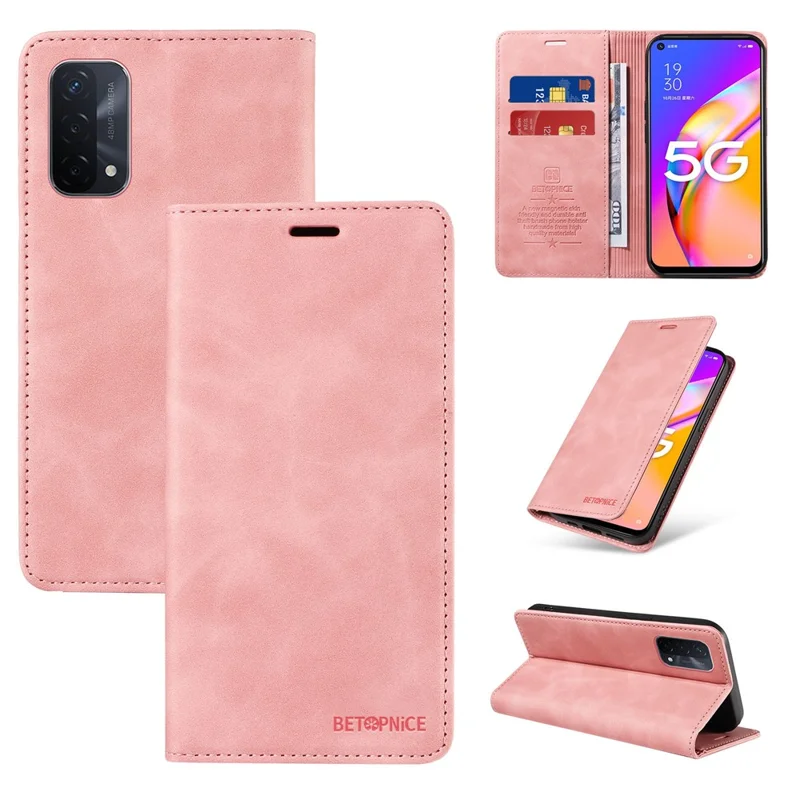 BETOPNICE 003 Para Oppo A93 5G / A74 5G / A54 5G / OnePlus Nord N200 5G Estuche de Teléfono de Cuero con Bloqueo RFID y Soporte Tipo Cartera - Rosa