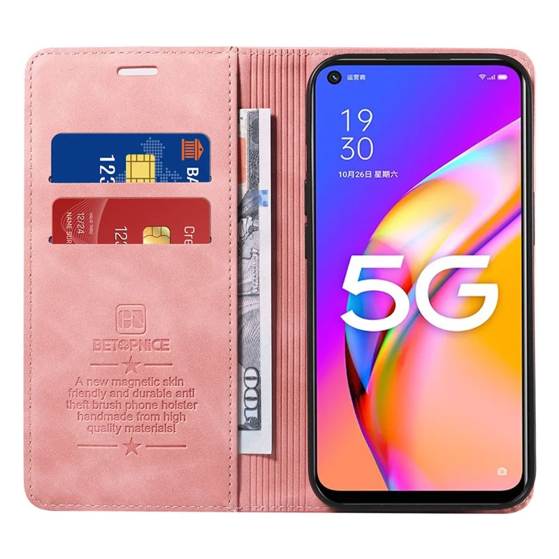 BETOPNICE 003 Para Oppo A93 5G / A74 5G / A54 5G / OnePlus Nord N200 5G Estuche de Teléfono de Cuero con Bloqueo RFID y Soporte Tipo Cartera - Rosa