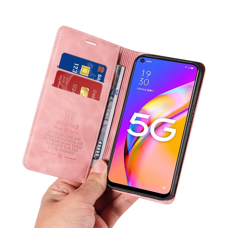 BETOPNICE 003 Para Oppo A93 5G / A74 5G / A54 5G / OnePlus Nord N200 5G Estuche de Teléfono de Cuero con Bloqueo RFID y Soporte Tipo Cartera - Rosa
