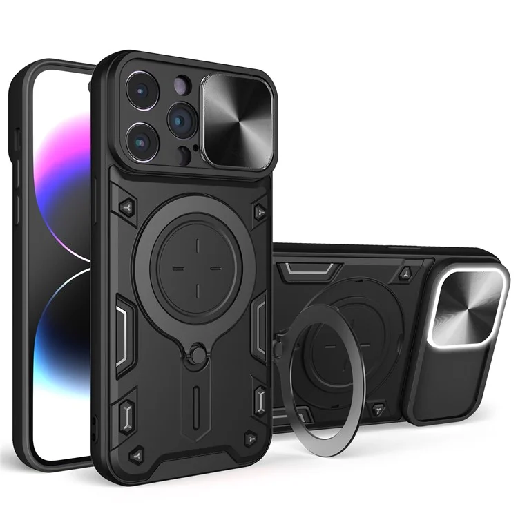 Для iPhone 15 Pro Slide Camera Lid PC+TPU Back Cover Rotation Kickstand Phone Case - Black