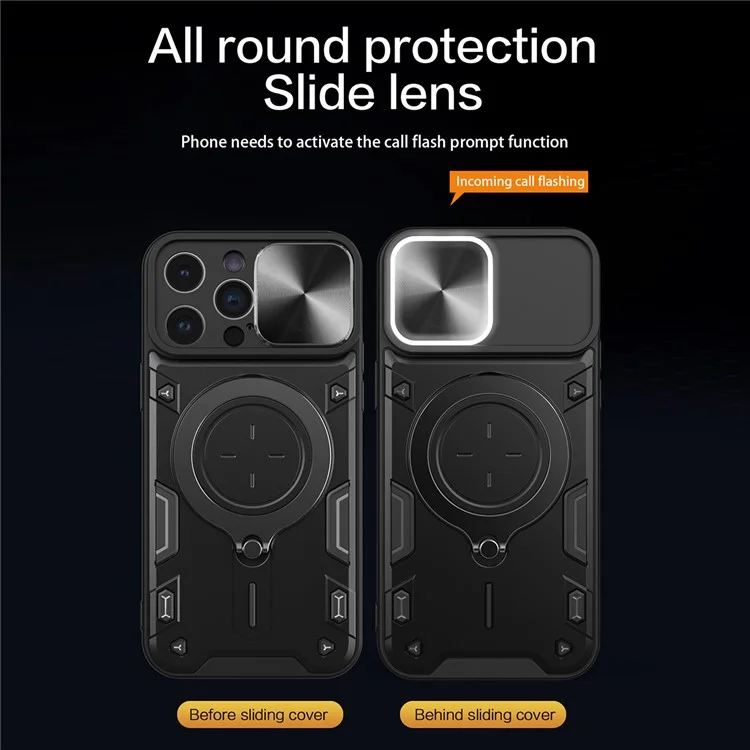 Для iPhone 15 Pro Slide Camera Lid PC+TPU Back Cover Rotation Kickstand Phone Case - Black