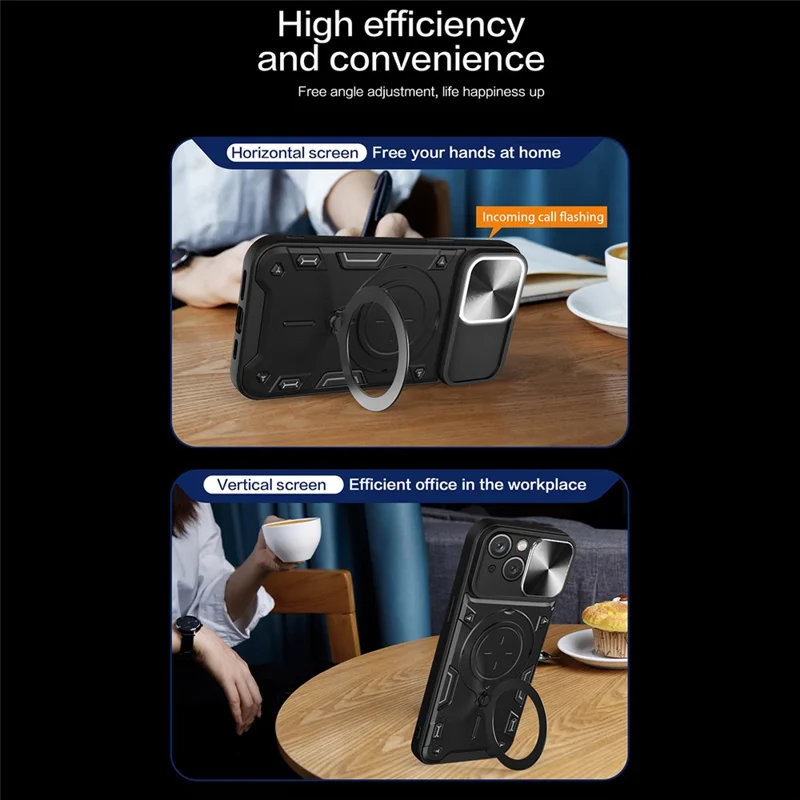 For iPhone 15 Plus Slide Camera Lid Anti-scratch Case Rotating Kickstand PC+TPU Cover - Blue