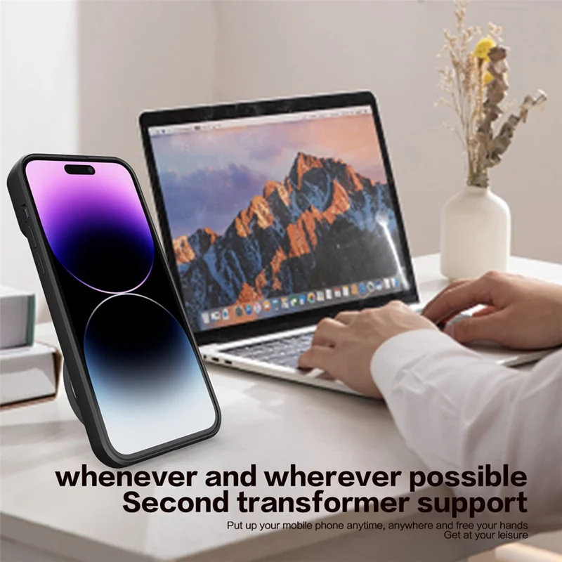 For iPhone 15 Plus Slide Camera Lid Anti-scratch Case Rotating Kickstand PC+TPU Cover - Blue