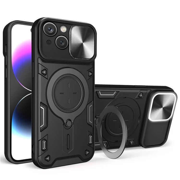 Für iPhone 15 Rotating Kickstand PC+TPU Cover Slide Camera Shield Anti-scratch Phone Case - Schwarz