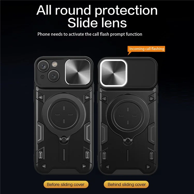 Für iPhone 15 Rotating Kickstand PC+TPU Cover Slide Camera Shield Anti-scratch Phone Case - Schwarz