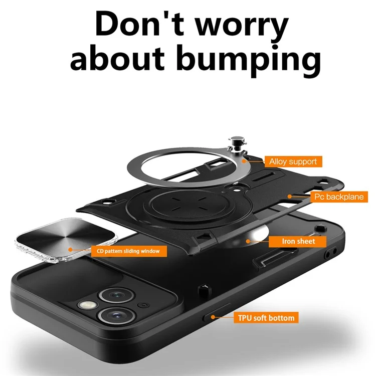 Für iPhone 15 Rotating Kickstand PC+TPU Cover Slide Camera Shield Anti-scratch Phone Case - Schwarz