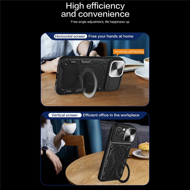 Für iPhone 15 Rotating Kickstand PC+TPU Cover Slide Camera Shield Anti-scratch Phone Case - Schwarz