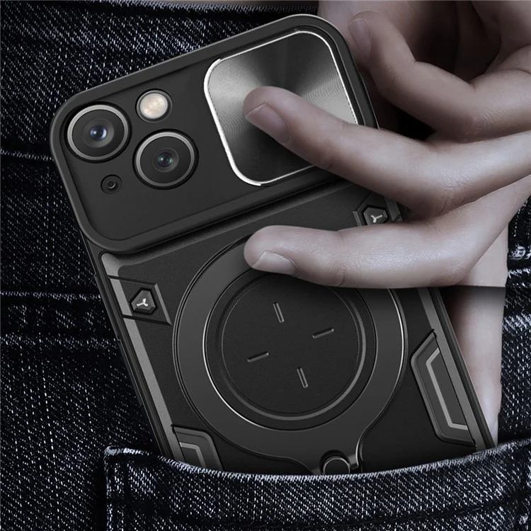 Für iPhone 15 Rotating Kickstand PC+TPU Cover Slide Camera Shield Anti-scratch Phone Case - Schwarz