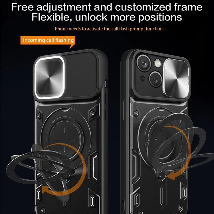 For iPhone 15 Rotating Kickstand PC+TPU Cover Slide Camera Shield Anti-scratch Phone Case - Silver