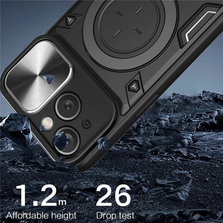 For iPhone 15 Rotating Kickstand PC+TPU Cover Slide Camera Shield Anti-scratch Phone Case - Silver