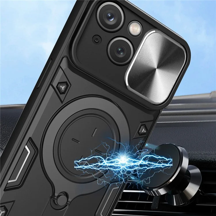 For iPhone 15 Rotating Kickstand PC+TPU Cover Slide Camera Shield Anti-scratch Phone Case - Silver