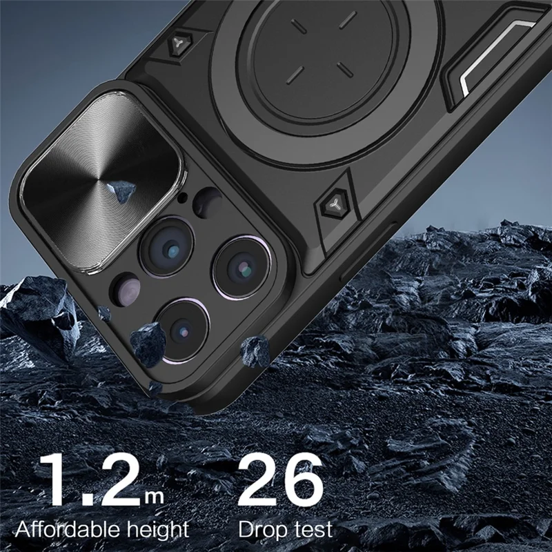 Per iPhone 15 Pro Max Slide Camera Lid PC+TPU Anti-drop Cover Ring Kickstand Phone Case - Nero