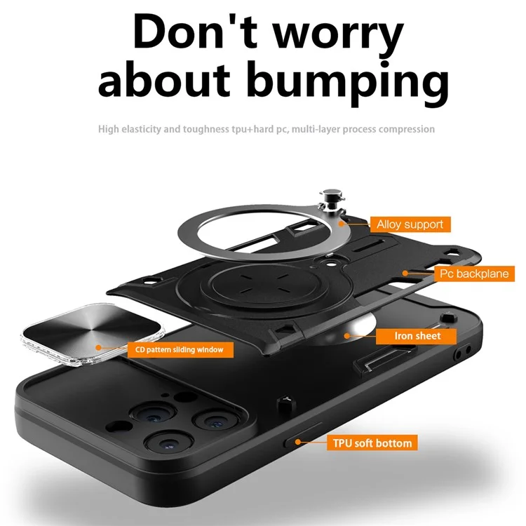 Per iPhone 15 Pro Max Slide Camera Lid PC+TPU Anti-drop Cover Ring Kickstand Phone Case - Nero