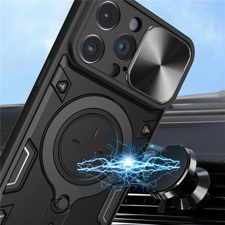 Per iPhone 15 Pro Max Slide Camera Lid PC+TPU Anti-drop Cover Ring Kickstand Phone Case - Nero