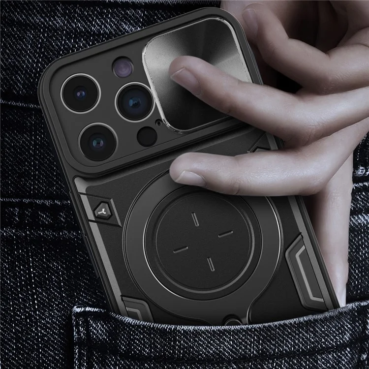 Per iPhone 15 Pro Max Slide Camera Lid PC+TPU Anti-drop Cover Ring Kickstand Phone Case - Nero