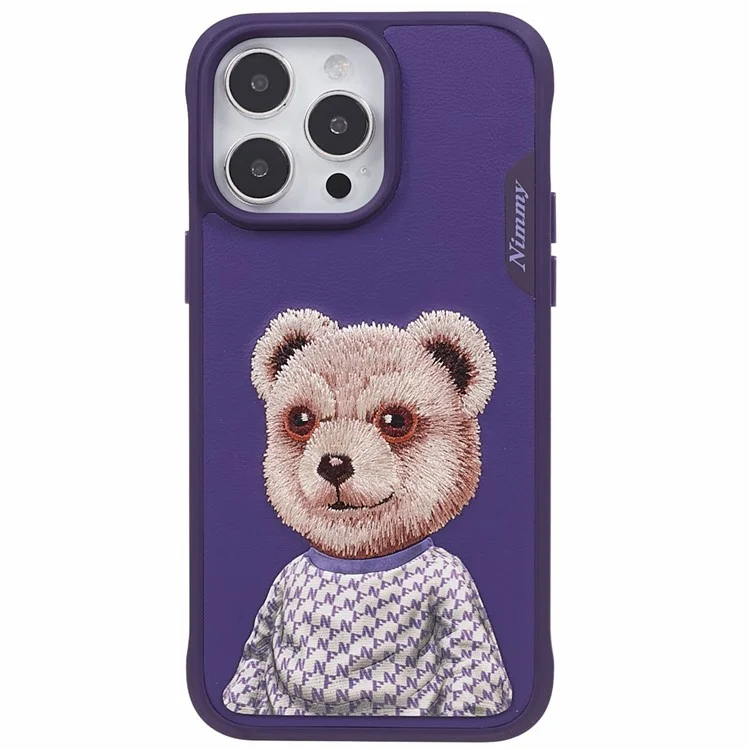 NIMMY PC+TPU+PU Slim Case per iPhone 14 Pro Ricamato Modello Animale Carino Custodia Protettiva per Telefono - Orso