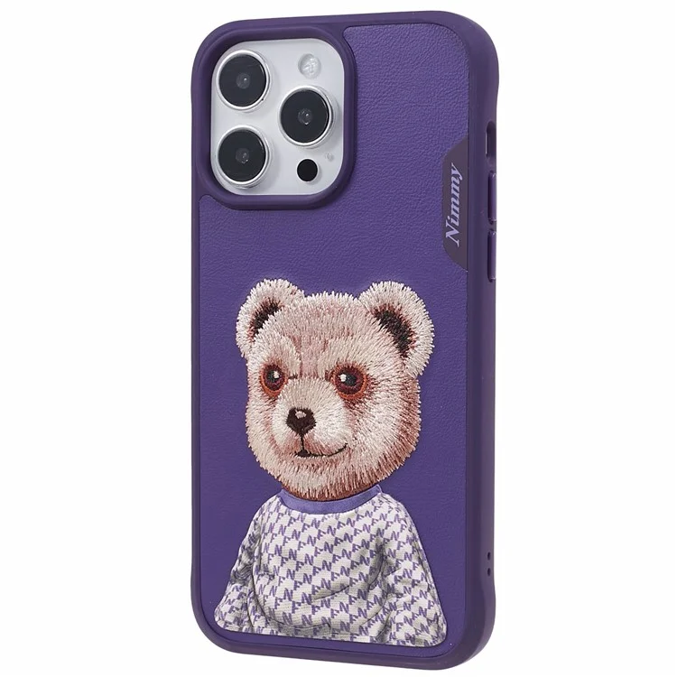 NIMMY PC+TPU+PU Slim Case per iPhone 14 Pro Ricamato Modello Animale Carino Custodia Protettiva per Telefono - Orso
