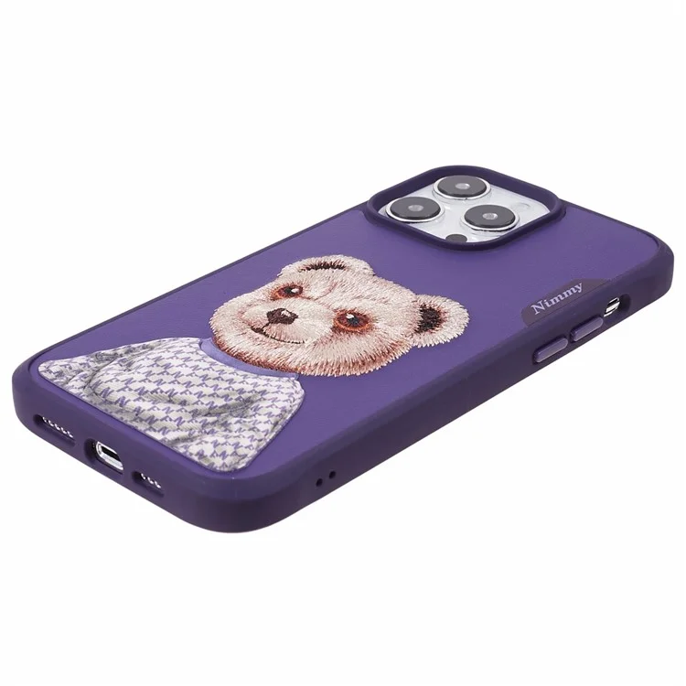 NIMMY PC+TPU+PU Slim Case per iPhone 14 Pro Ricamato Modello Animale Carino Custodia Protettiva per Telefono - Orso