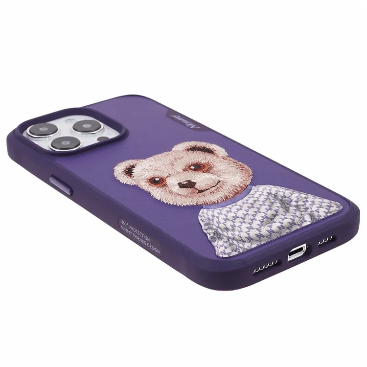 NIMMY PC+TPU+PU Slim Case per iPhone 14 Pro Ricamato Modello Animale Carino Custodia Protettiva per Telefono - Orso