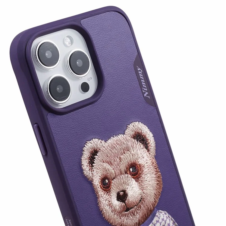 NIMMY PC+TPU+PU Slim Case per iPhone 14 Pro Ricamato Modello Animale Carino Custodia Protettiva per Telefono - Orso