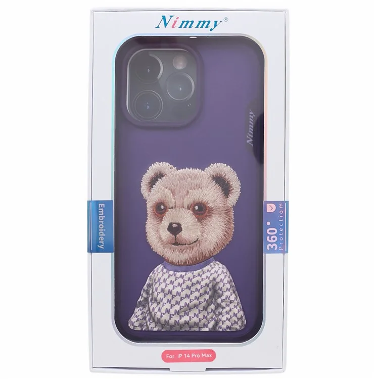 NIMMY PC+TPU+PU Slim Case per iPhone 14 Pro Ricamato Modello Animale Carino Custodia Protettiva per Telefono - Orso