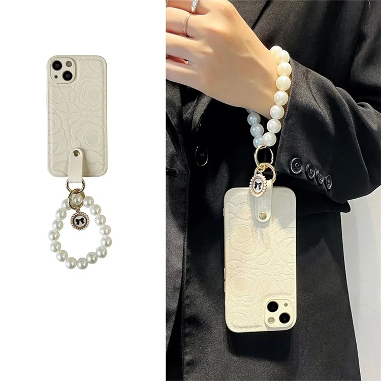 For iPhone 14 Anti-Scratch Cover Camellia Pattern Pearl Chain TPU+PU Leather Phone Case with Shoulder Strap