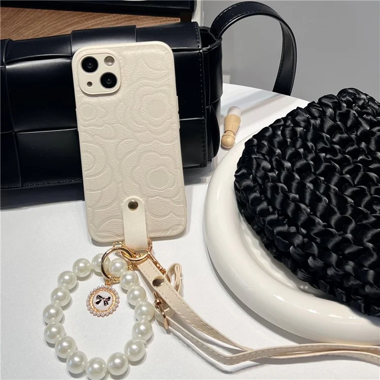 For iPhone 14 Anti-Scratch Cover Camellia Pattern Pearl Chain TPU+PU Leather Phone Case with Shoulder Strap