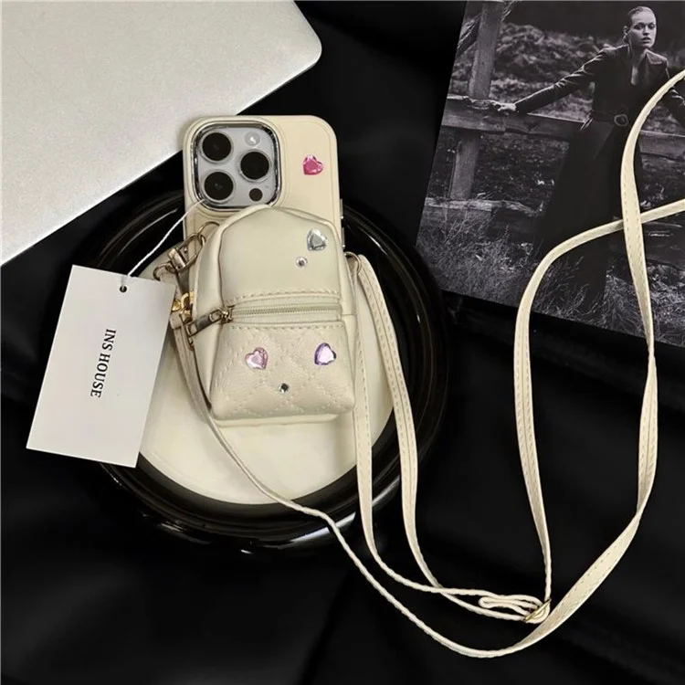 For iPhone 12 Pro Max 6.7 inch PU Leather Mini Schoolbag TPU Phone Case Anti-drop Cover with Shoulder Strap - White