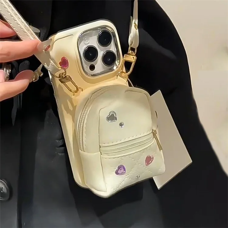 For iPhone 12 Pro Max 6.7 inch PU Leather Mini Schoolbag TPU Phone Case Anti-drop Cover with Shoulder Strap - White