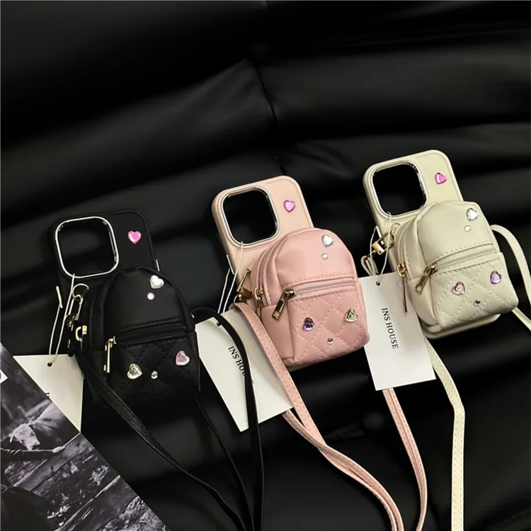 For iPhone 12 Pro Max 6.7 inch PU Leather Mini Schoolbag TPU Phone Case Anti-drop Cover with Shoulder Strap - White