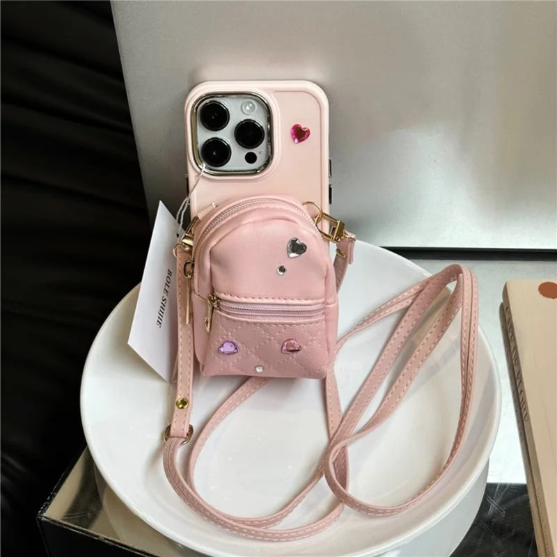 For iPhone 12 Pro Max 6.7 inch PU Leather Mini Schoolbag TPU Phone Case Anti-drop Cover with Shoulder Strap - Pink