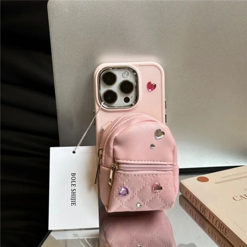 For iPhone 12 Pro Max 6.7 inch PU Leather Mini Schoolbag TPU Phone Case Anti-drop Cover with Shoulder Strap - Pink