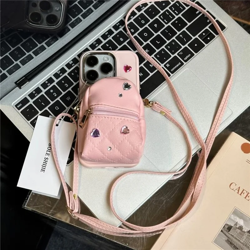 For iPhone 12 Pro Max 6.7 inch PU Leather Mini Schoolbag TPU Phone Case Anti-drop Cover with Shoulder Strap - Pink