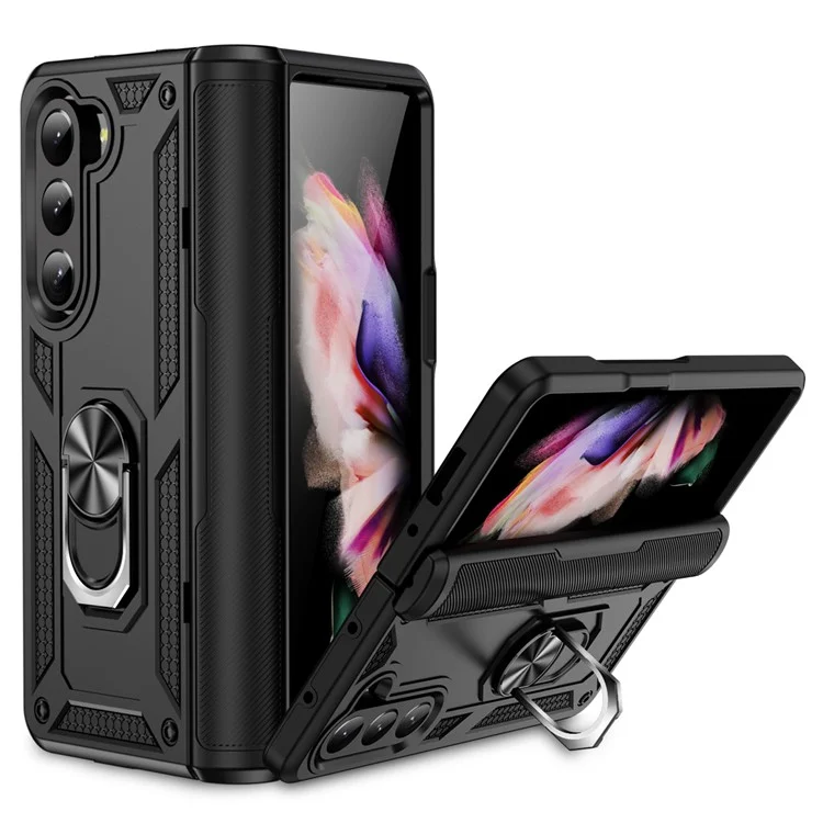 TPU+PC Phone Case for Samsung Galaxy Z Fold5 5G Ring Holder Kickstand Cover with Car Mount Metal Sheet - Black
