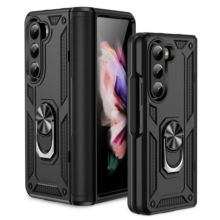 TPU+PC Phone Case for Samsung Galaxy Z Fold5 5G Ring Holder Kickstand Cover with Car Mount Metal Sheet - Black