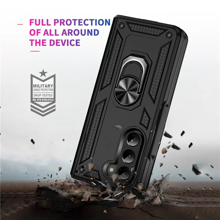 TPU+PC Phone Case for Samsung Galaxy Z Fold5 5G Ring Holder Kickstand Cover with Car Mount Metal Sheet - Black