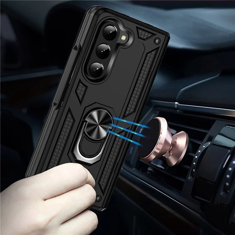 TPU+PC Phone Case for Samsung Galaxy Z Fold5 5G Ring Holder Kickstand Cover with Car Mount Metal Sheet - Black