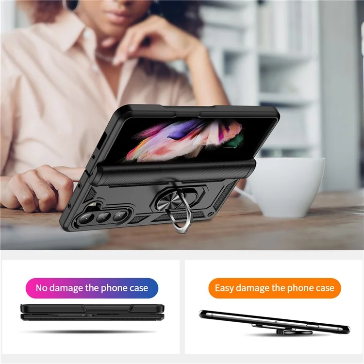 TPU+PC Phone Case for Samsung Galaxy Z Fold5 5G Ring Holder Kickstand Cover with Car Mount Metal Sheet - Black