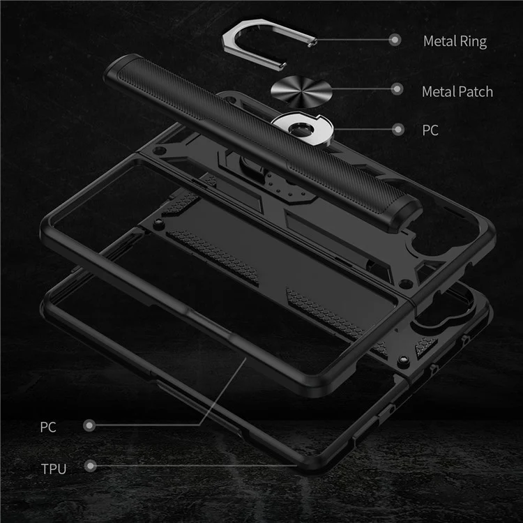 TPU+PC Phone Case for Samsung Galaxy Z Fold5 5G Ring Holder Kickstand Cover with Car Mount Metal Sheet - Black