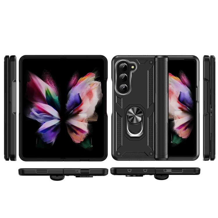 TPU+PC Phone Case for Samsung Galaxy Z Fold5 5G Ring Holder Kickstand Cover with Car Mount Metal Sheet - Black