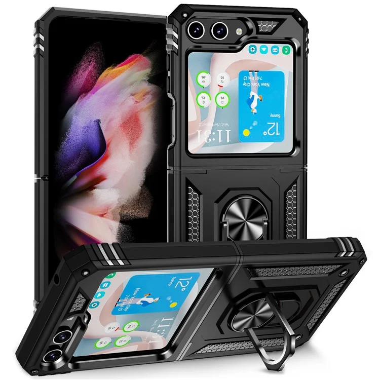 TPU+PC Phone Case for Samsung Galaxy Z Flip5 5G Ring Kickstand Anti-fall Cover with Car Mount Metal Sheet - Black
